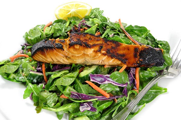 salmon-terryikai-spinch-salad | Skinny Kitchen Asian Style Teriyaki Salmon Spinach Salad