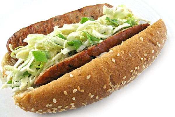 Crunchy Low Fat Sausages Topped With Homemade Skinny Honey Mustard Coleslaw