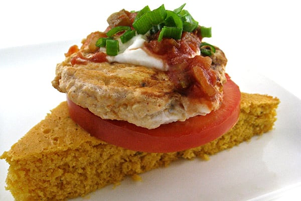 Skinny, Southwest Chicken Burgers on Top of Low Fat Cornbread