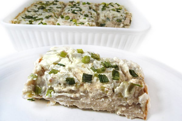 Skinny Chicken Enchilada Casserole with Green Chile Sauce