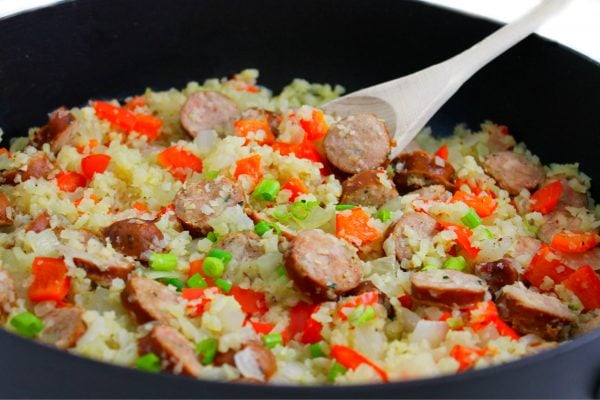 Skinny, Skillet Sausages and Cauliflower Rice