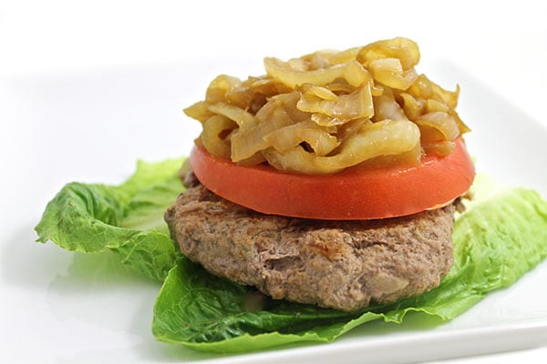 Bunless burger photo | Skinny Kitchen Bunless Skinny Burgers with Caramelized Onions