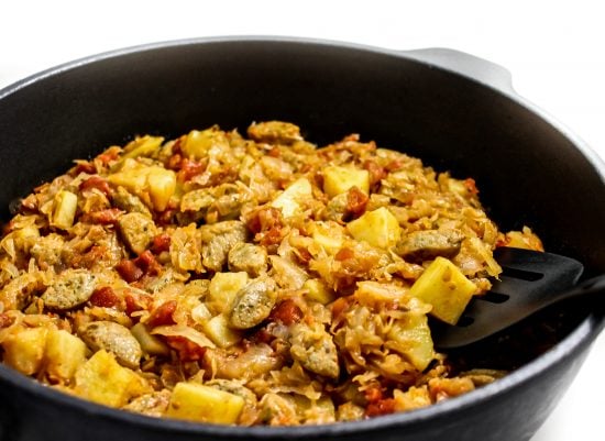 Skinny Chicken Sausages, Potatoes and Sauerkraut Skillet