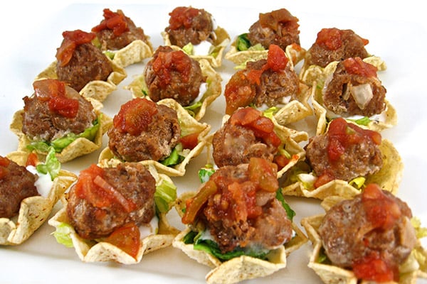 Skinny, Mini Mexican Meatball Tostada Appetizers