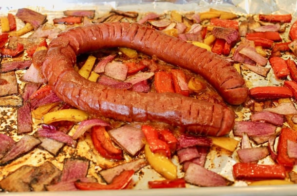 Sheet Pan Skinny Hasselback Sausage and Peppers