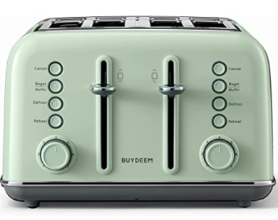 BUYDEEM DT-640 4-Slice Toaster, Extra Wide Slots, Retro Stainless Steel with High Lift Lever, Bagel and Muffin Function, Removal Crumb Tray, 7-Shade Settings (Cozy Greenish)